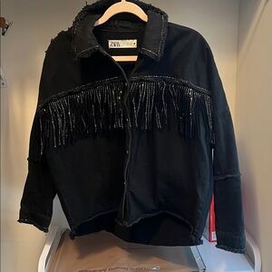 Zara Black Denim Shirt Jacket with Fringe